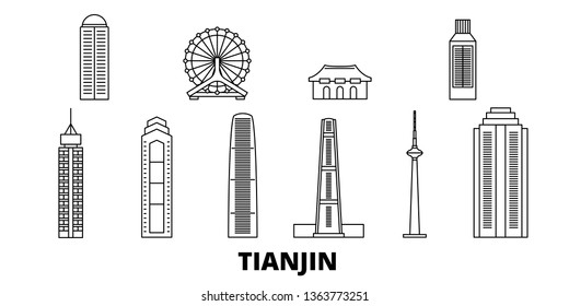 China, Tianjin line travel skyline set. China, Tianjin outline city vector illustration, symbol, travel sights, landmarks.