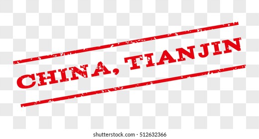 China, Tianjin watermark stamp. Text tag between parallel lines with grunge design style. Rubber seal stamp with unclean texture. Vector red color ink imprint on a chess transparent background.