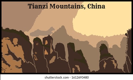 China, Tianzi Mountains ( Avatar Mountains ) . Retro poster, vector art illustration. Top most beautiful  and unique places on earth.