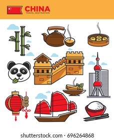 China tourism travel landmarks and Chinese culture famous symbols vector icons set