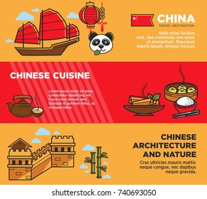 China tourism travel landmarks and Chinese culture famous cuisine symbols vector banners