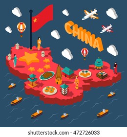 China touristic isometric map with colorful chinese culture elements on sea background vector illustration