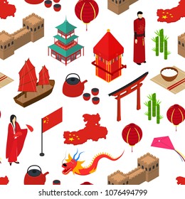 China Touristic Seamless Pattern Background on a White Isometric View Design Element East Travel. Vector illustration of Chinese Traditional Culture, Food and Monument