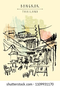 China town in Bangkok, Thailand. Food stalls, tables, stools. People buying Chinese food in a simple street cafe. Vintage hand drawn postcard