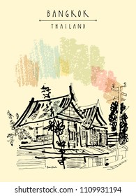 China town in Bangkok, Thailand. Food stalls, tables, stools. People buying Chinese food in a simple street cafe. Vertical vintage hand drawn postcard