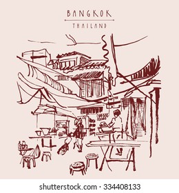 China town in Bangkok, Thailand. Food stalls, tables, stools. People buying Chinese food in a simple street cafe. Vintage hand drawn postcard. Vector illustration