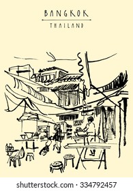 China town in Bangkok, Thailand. Food stalls, tables, stools. People buying Chinese food in a simple street cafe. Vertical vintage hand drawn postcard. Vector illustration