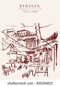 China town in Bangkok, Thailand. Food stalls, tables, stools. People buying Chinese food in a simple street cafe. Vertical vintage hand drawn postcard. Vector illustration