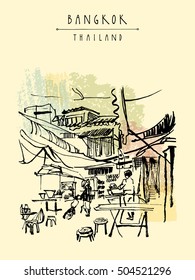 China town in Bangkok, Thailand. Food stalls, tables, stools. People buying Chinese food in a simple street cafe. Vintage hand drawn postcard