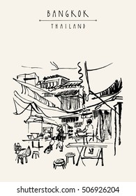 China town in Bangkok, Thailand. Food stalls, tables, stools. People buying Chinese food in a simple street cafe. Vintage hand drawn postcard