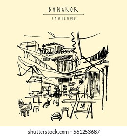 China town in Bangkok, Thailand. Food stalls, tables, stools. People buying Chinese food in a simple street cafe. Vintage hand drawn postcard