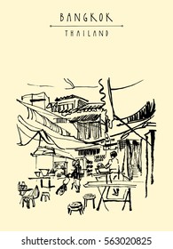 China town in Bangkok, Thailand. Food stalls, tables, stools. People buying Chinese food in a simple street cafe. Vintage hand drawn postcard in vector