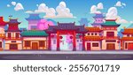 China town landscape. Cartoon vector Chinatown street featuring traditional Chinese buildings, ancient ethnic houses, pagoda temple and gate facades with blooming sakura trees, cultural Asian town