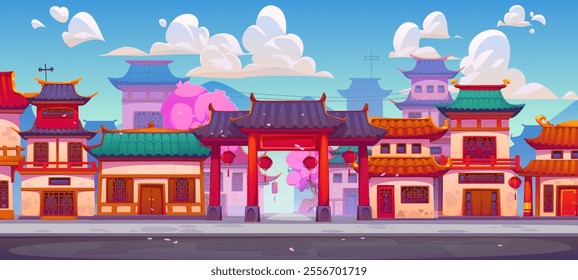 China town landscape. Cartoon vector Chinatown street featuring traditional Chinese buildings, ancient ethnic houses, pagoda temple and gate facades with blooming sakura trees, cultural Asian town