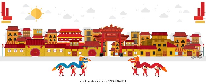 China town and old architecture with dragon dance. Vector illustration