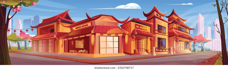 China town street in modern city. Vector cartoon illustration of old Chinese buildings, tea shop, traditional cuisine restaurant decorated with red paper lanterns, cityscape skyscrapers in background