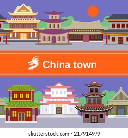 China town with traditional buildings tileable border vector illustration