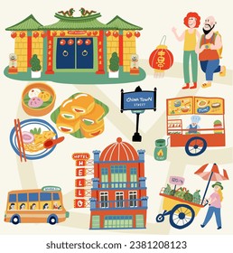 China Town Travel Map in Bangkok , the Tourist Places like Chinese Temple, Building, Street Foods, Bus, Hotel, All in doodle style, Illustration, Vector