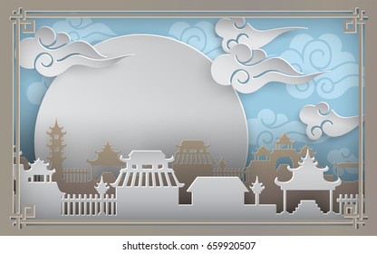 China town village on blue background with sky, sun, clouds. Oriental vintage pattern frame for banner, poster or chinese new year greeting card, paper cut out art style, vector illustration