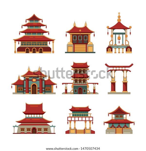China traditional\
buildings. Cultural japan objects gate pagoda palace vector cartoon\
collection of buildings. Building palace, pagoda and traditional\
temple illustration