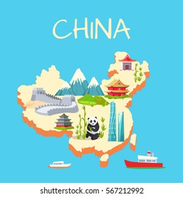 China with its traditional elements signs on blue background. Vector illustration of panda near bamboo sticks, high mountains, great wall of China, extraordinary buildings on island and ships on water