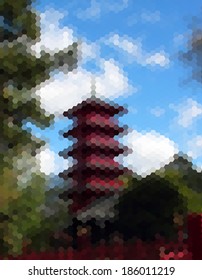 China traditional house in geometric style, mosaic pixel vector illustration