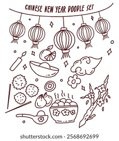 China traditional symbols sets, doodle food and landmarks. Chinese new year 2025