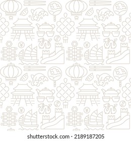 China traditions abstract seamless pattern. Editable vector shapes on white background. Trendy texture with cartoon color icons. Design with graphic elements for interior, fabric, website decoration