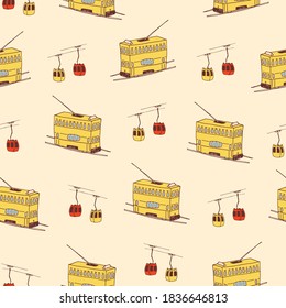 China tram funicular transport hand drawn seamless vector pattern