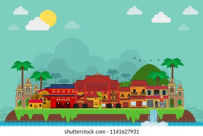 china travel adventure flat landscape. Sea island background. Hill, lighthouse, beach