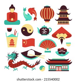 China travel asian traditional culture symbols set isolated vector illustration