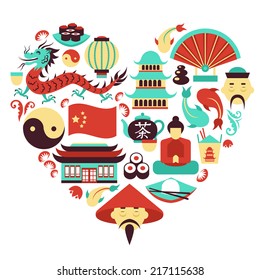 China travel asian traditional culture symbols in heart shape vector illustration