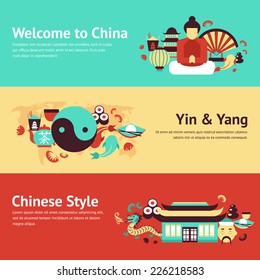 China travel asian traditional culture chinese style symbols banner set isolated vector illustration