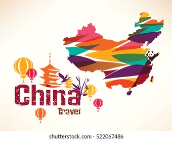 China travel background in vibrant colors with stylized country map