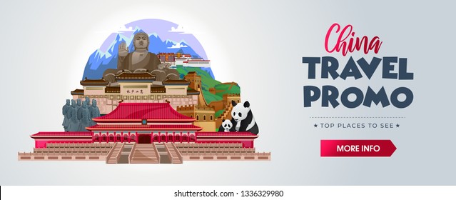 China travel banner concept. Travel promo for agencies, flyers, poster. Discover China illustration. Vector travel banner.