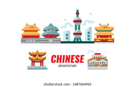 China travel. Chinese traditional architecture, building and culture. Flat design icons. vector illustration