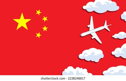 China travel concept. Airplane with clouds on the background of the flag of China. Vector illustration