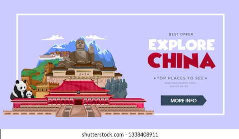 China travel concept. Beautiful China travel destinations. Explore Asia trip illustration. Vector travel design concept.