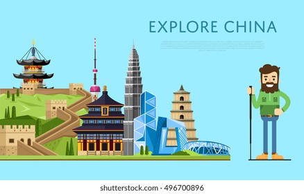 China travel concept with China landmarks vector. Famous China travel places and explore China travel landmarks.