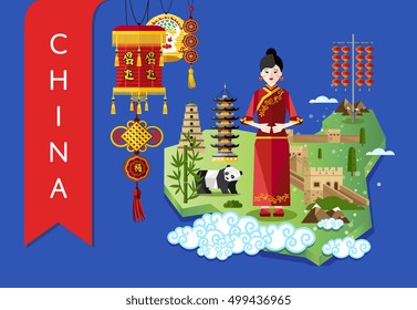 China travel concept with China landmarks vector. China tradition. Famous China travel places