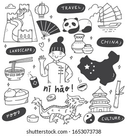 China Travel Destination Doodle Set Vector Illustration, Chinese Sentence Mean "Hallo"