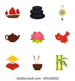 China travel icon set. Flat style set of 9 country of China vector icons for web isolated on white background