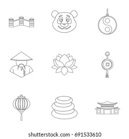 China travel icon set. Outline style set of 9 country of China vector icons for web isolated on white background