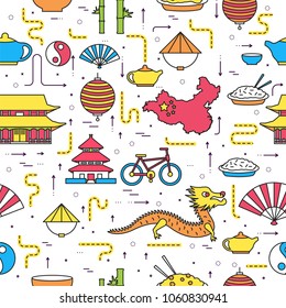 China travel icons in thin line style. seamless pattern. 