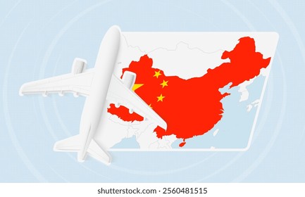 China Travel Illustration with Plane and National Flag. Ideal for travel agencies, promotional materials, or geographic content related to China.