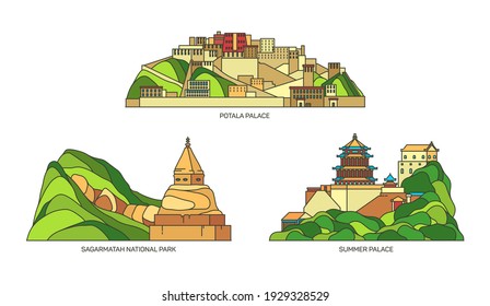 China travel landmarks, Tibet and Beijing architecture, national parks and tourism sightseeing, vector. Tibetan Potala palace in Lagos, imperial summer palace of Beijing and Sagarmatha in Nepal