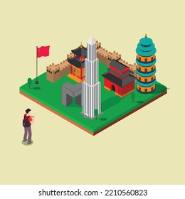 China travel landmarks tourism 3d isometric vector illustration concept for banner, website, landing page, ads, flyer template