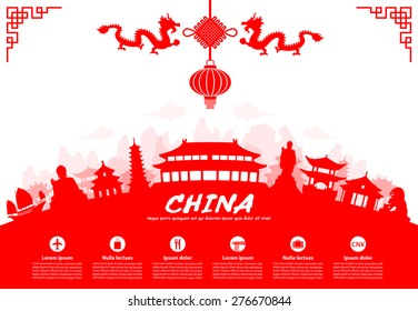 China Travel Landmarks. Vector And Illustration.