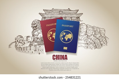 China Travel Poster. Hand Drawn China. Vector Illustration.