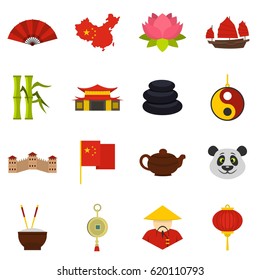 China travel symbols icons set in flat style isolated vector illustration